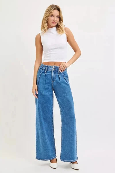 RISEN Full Size Mid Rise Fit Wide Leg with Pleated Detail Jeans Plus Size - MEDIUM by Trendsi from FREYA’S CLOSET