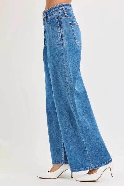 RISEN Full Size Mid Rise Fit Wide Leg with Pleated Detail Jeans Plus Size - MEDIUM by Trendsi from FREYA’S CLOSET