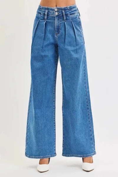 RISEN Full Size Mid Rise Fit Wide Leg with Pleated Detail Jeans Plus Size - MEDIUM by Trendsi from FREYA’S CLOSET
