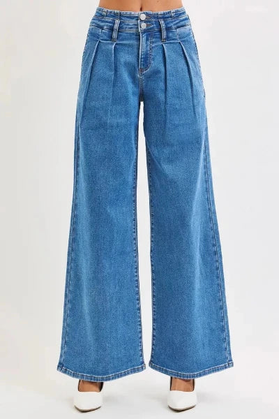 RISEN Full Size Mid Rise Fit Wide Leg with Pleated Detail Jeans Plus Size - MEDIUM by Trendsi from FREYA’S CLOSET