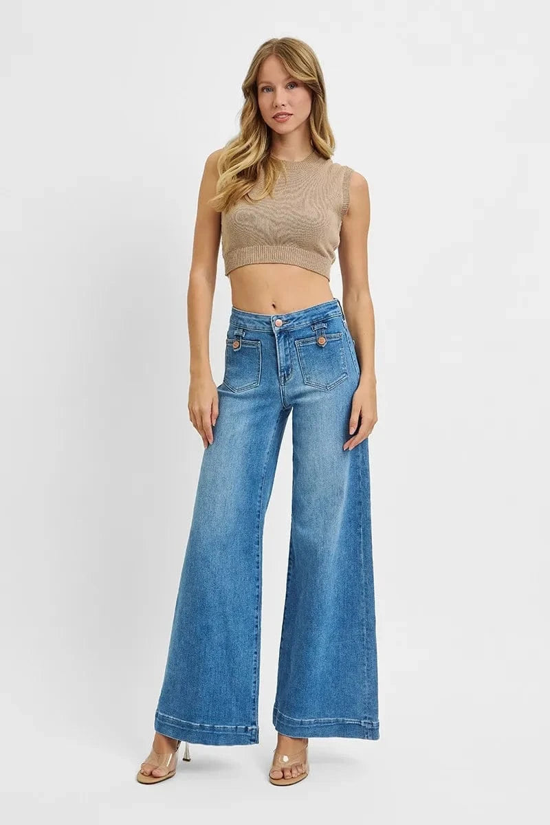 Trendsi RISEN Full Size Mid Rise Wide Front Patch Pocket Jeans Plus Size