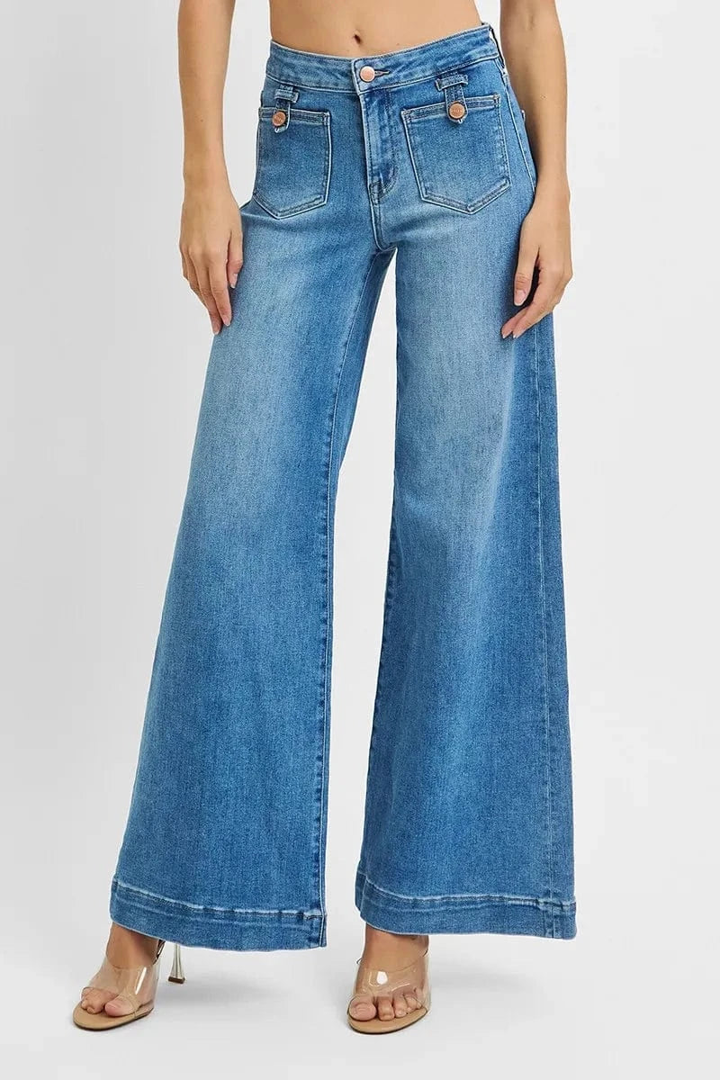 Trendsi MEDIUM / 0 RISEN Full Size Mid Rise Wide Front Patch Pocket Jeans Plus Size