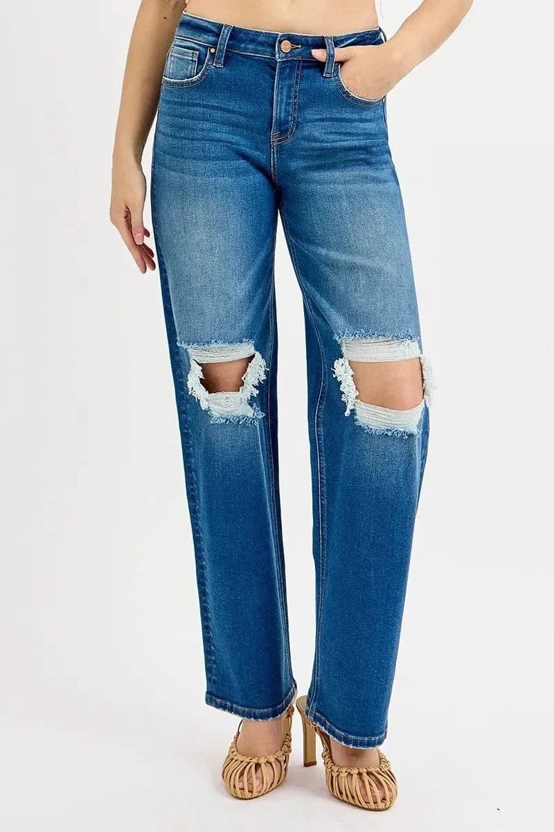 RISEN Full Size Mid Waist Fit Boyfriend Knee Distressed Jeans Plus Size - MEDIUM by Trendsi from FREYA’S CLOSET