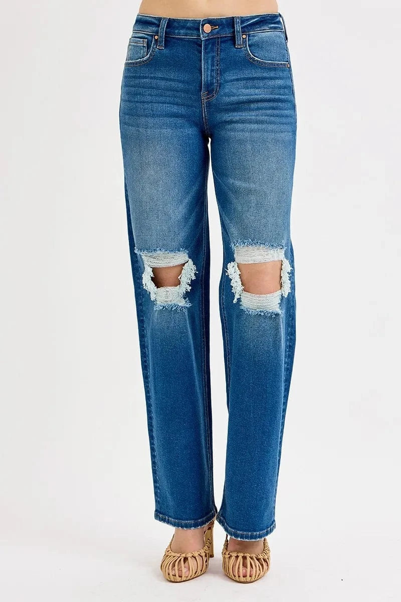 Trendsi RISEN Full Size Mid Waist Fit Boyfriend Knee Distressed Jeans Plus Size