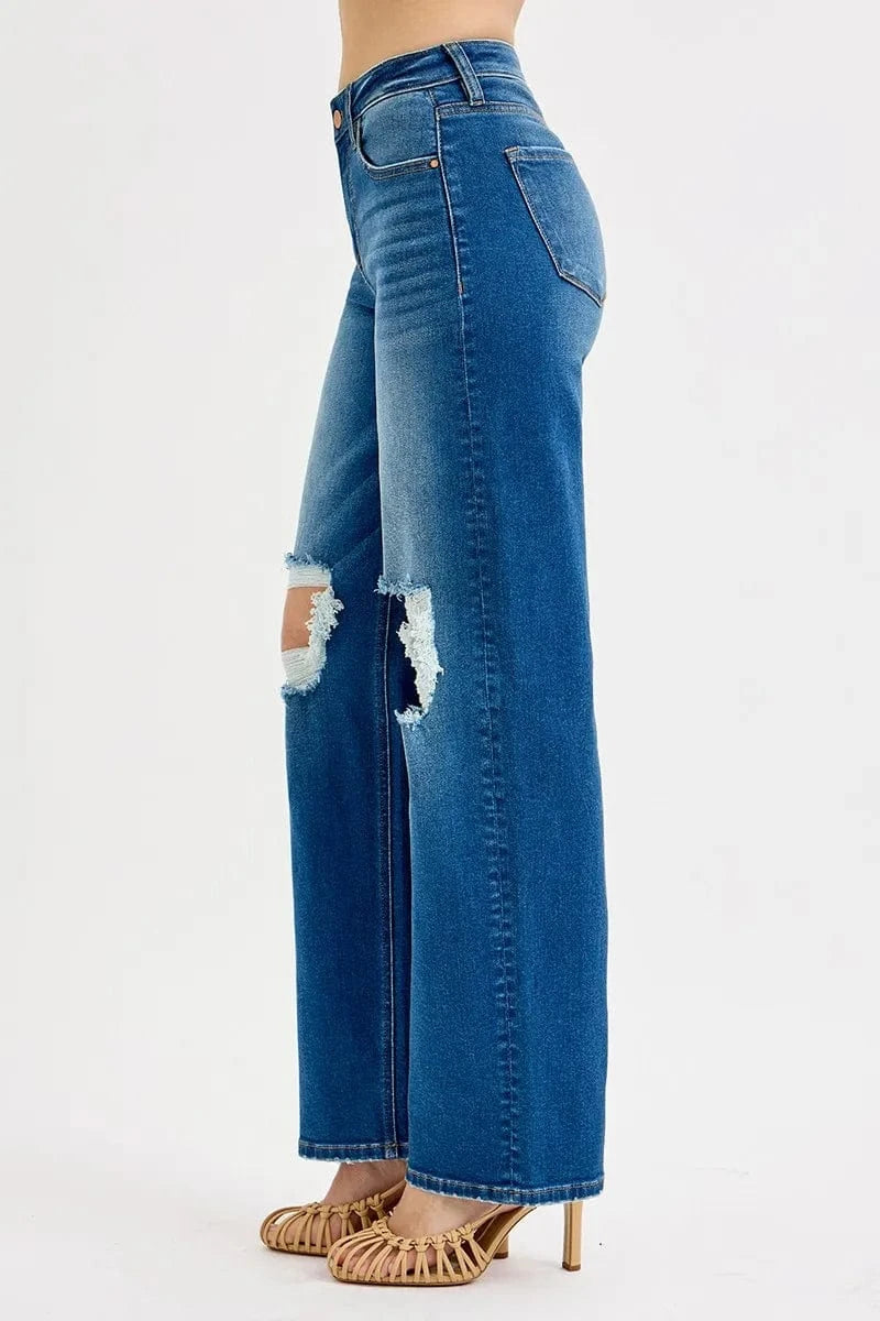 Trendsi RISEN Full Size Mid Waist Fit Boyfriend Knee Distressed Jeans Plus Size