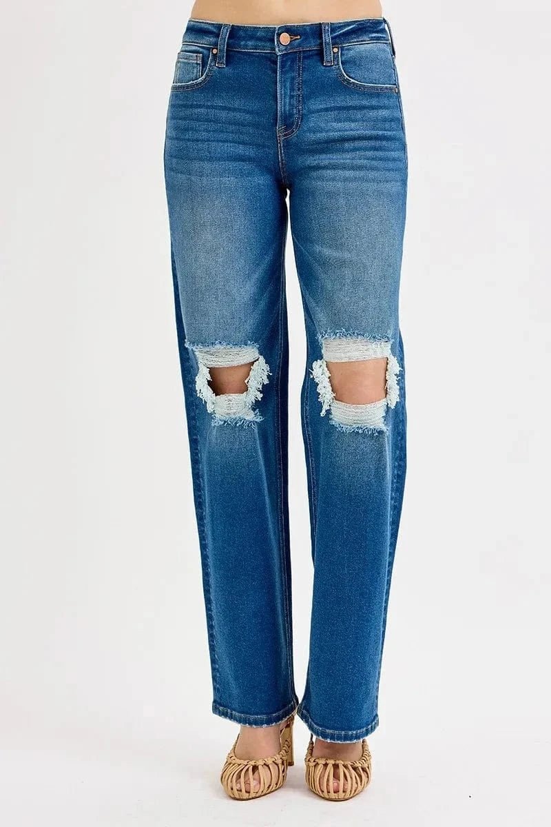 RISEN Full Size Mid Waist Fit Boyfriend Knee Distressed Jeans Plus Size - MEDIUM by Trendsi from FREYA’S CLOSET