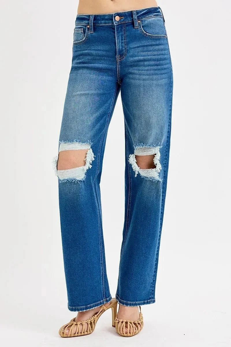RISEN Full Size Mid Waist Fit Boyfriend Knee Distressed Jeans Plus Size - MEDIUM by Trendsi from FREYA’S CLOSET