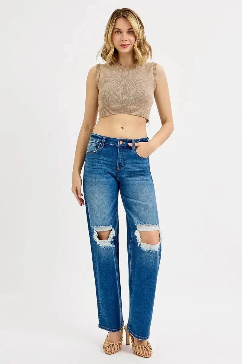RISEN Full Size Mid Waist Fit Boyfriend Knee Distressed Jeans Plus Size - MEDIUM by Trendsi from FREYA’S CLOSET
