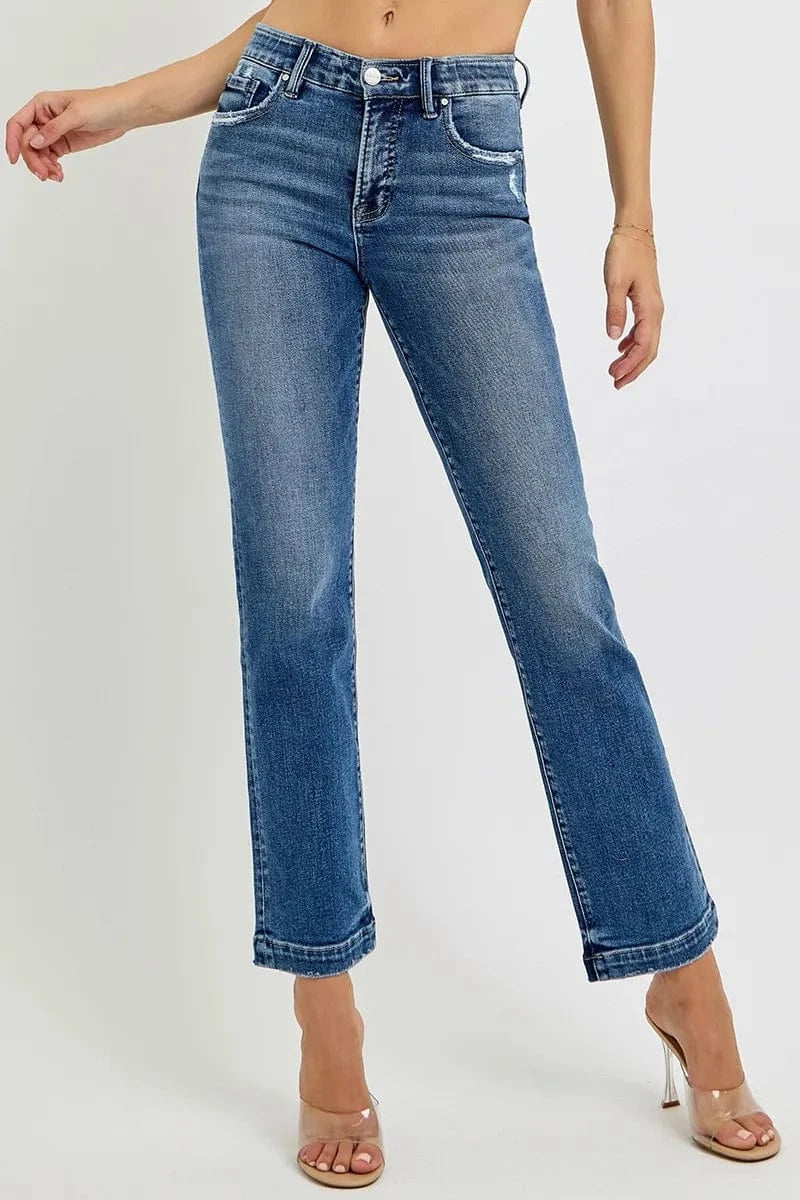 Trendsi Jeans DARK / 0 RISEN Full Size Tummy Control Elastic Band Mid Rise Straight Jeans Plus Size