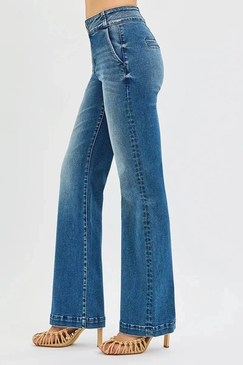 Trendsi Jeans RISEN Full SIze Tummy Control High Rise Bootcut Jeans with Double Button Waistband Plus SIze