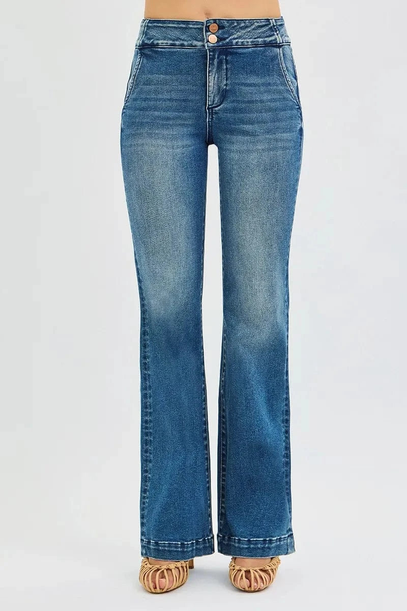 Trendsi Jeans DARK / 0 RISEN Full SIze Tummy Control High Rise Bootcut Jeans with Double Button Waistband Plus SIze