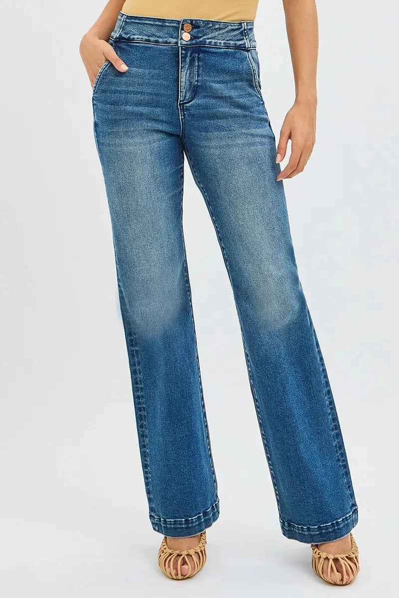 Trendsi Jeans RISEN Full SIze Tummy Control High Rise Bootcut Jeans with Double Button Waistband Plus SIze