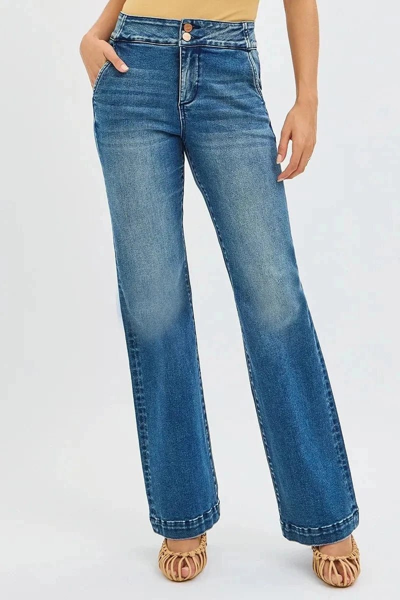 RISEN Full SIze Tummy Control High Rise Bootcut Jeans with Double Button Waistband Plus SIze | Jeans | Trendsi | FREYA’S CLOSET