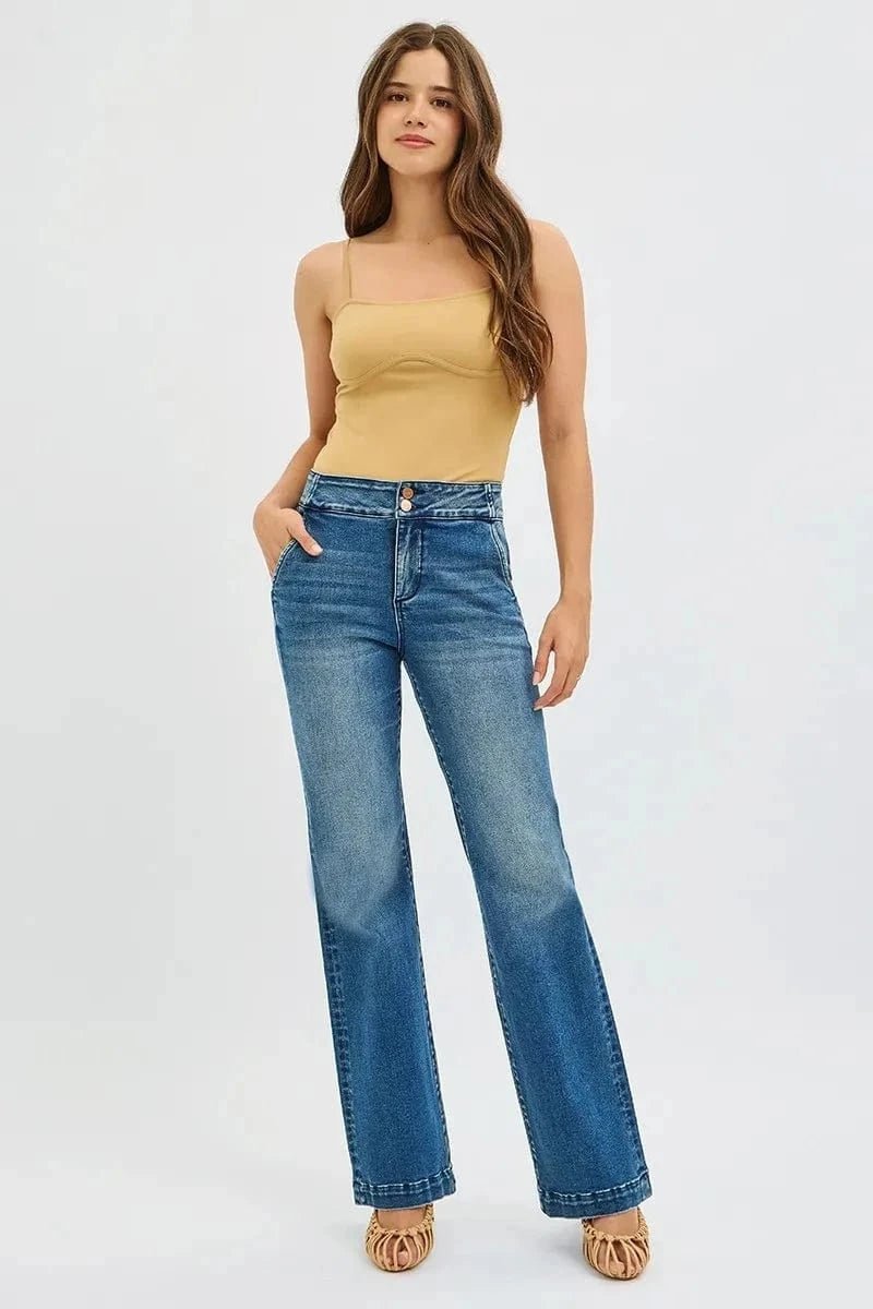 RISEN Full SIze Tummy Control High Rise Bootcut Jeans with Double Button Waistband Plus SIze | Jeans | Trendsi | FREYA’S CLOSET