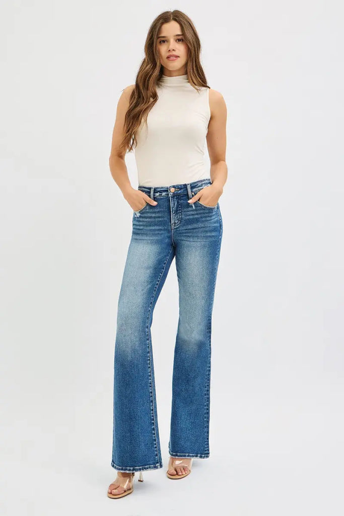 RISEN Full Size Tummy Control High Rise Flare Jeans Plus Size - DARK by Trendsi from FREYA’S CLOSET