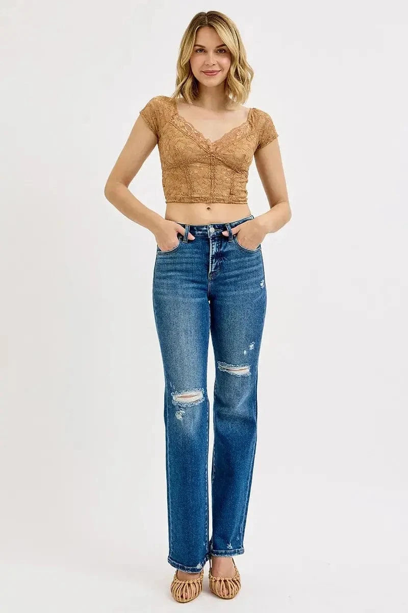 Trendsi Bottom RISEN Full Size Tummy Control High Rise Straight Distressed Jeans Plus Size