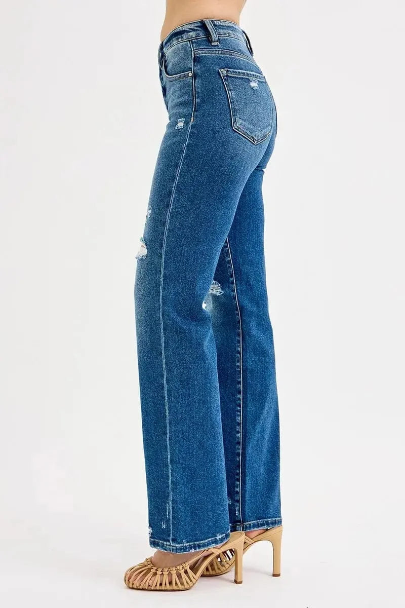 Trendsi Bottom RISEN Full Size Tummy Control High Rise Straight Distressed Jeans Plus Size