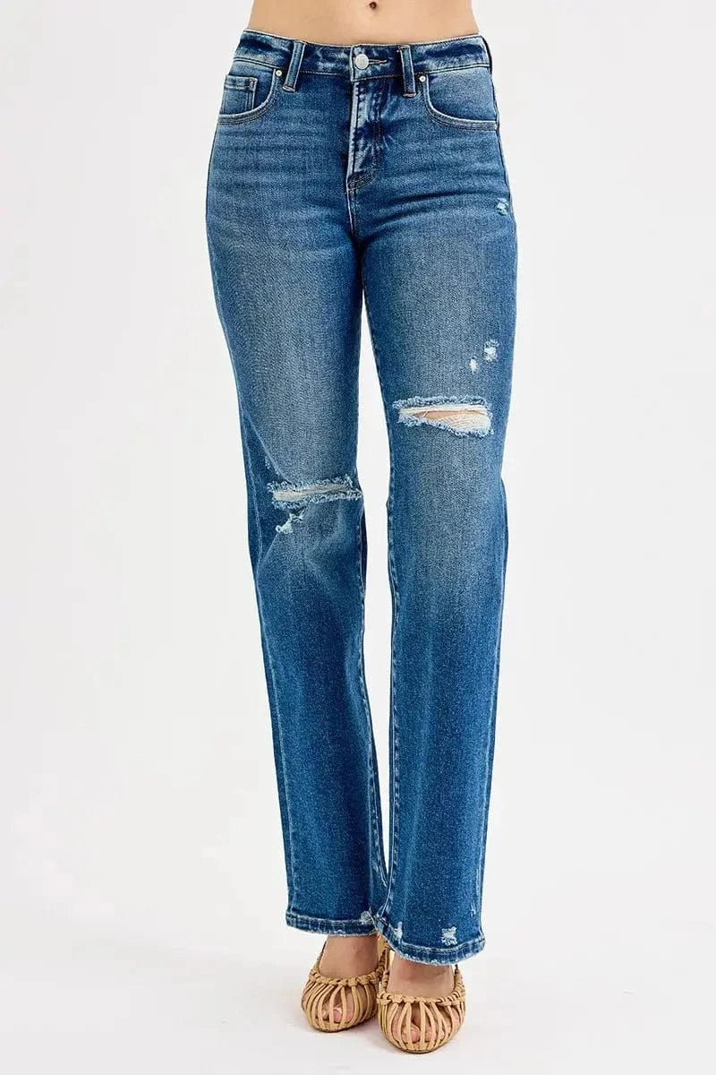 Trendsi Bottom RISEN Full Size Tummy Control High Rise Straight Distressed Jeans Plus Size