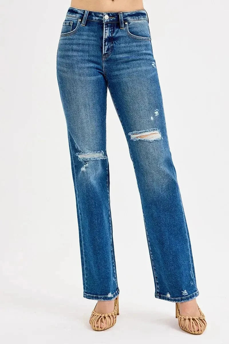 Trendsi Bottom DARK / 0 RISEN Full Size Tummy Control High Rise Straight Distressed Jeans Plus Size