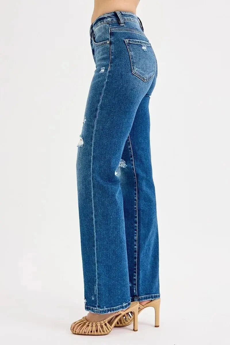 RISEN Full Size Tummy Control High Rise Straight Distressed Jeans Plus Size - DARK by Trendsi from FREYA’S CLOSET