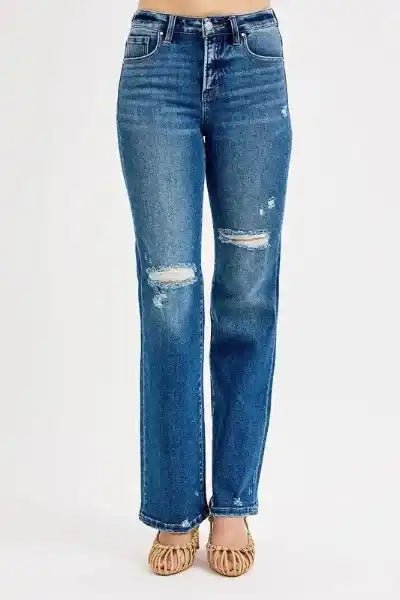 RISEN Full Size Tummy Control High Rise Straight Distressed Jeans Plus Size - DARK by Trendsi from FREYA’S CLOSET