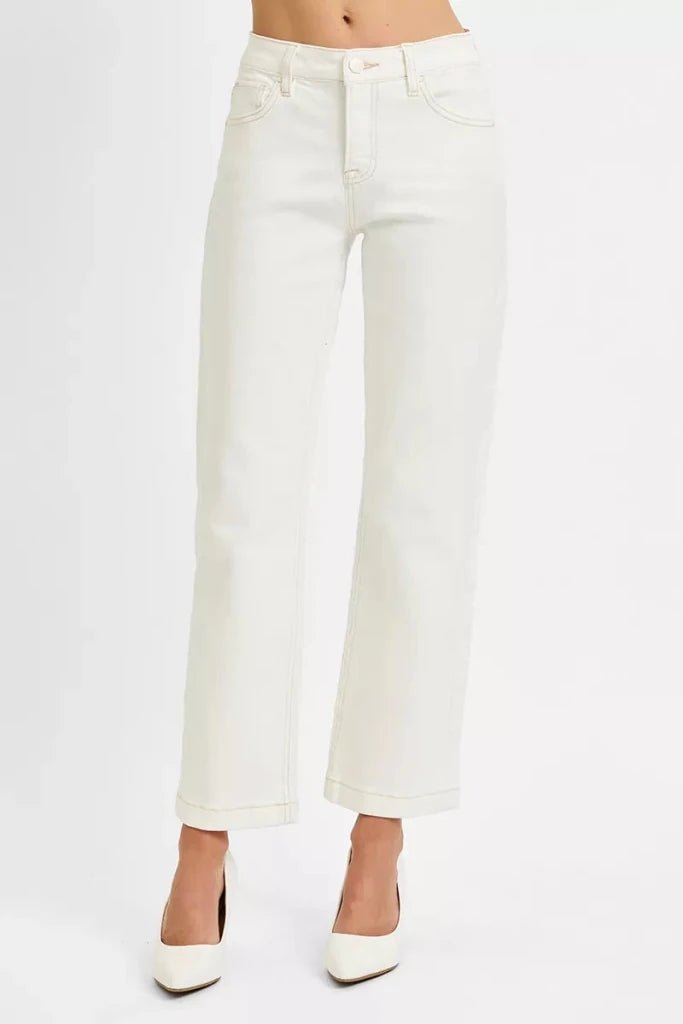 RISEN Full Size Tummy Control Mid Rise Ankle Straight Jeans Plus Size - CREAM by Trendsi from FREYA’S CLOSET