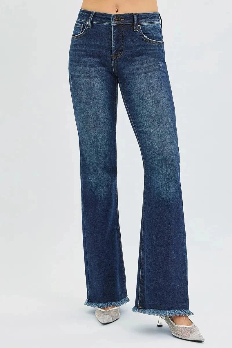 RISEN Full Size Tummy Control Mid Rise Flare Jeans Plus Size - DARK by Trendsi from FREYA’S CLOSET