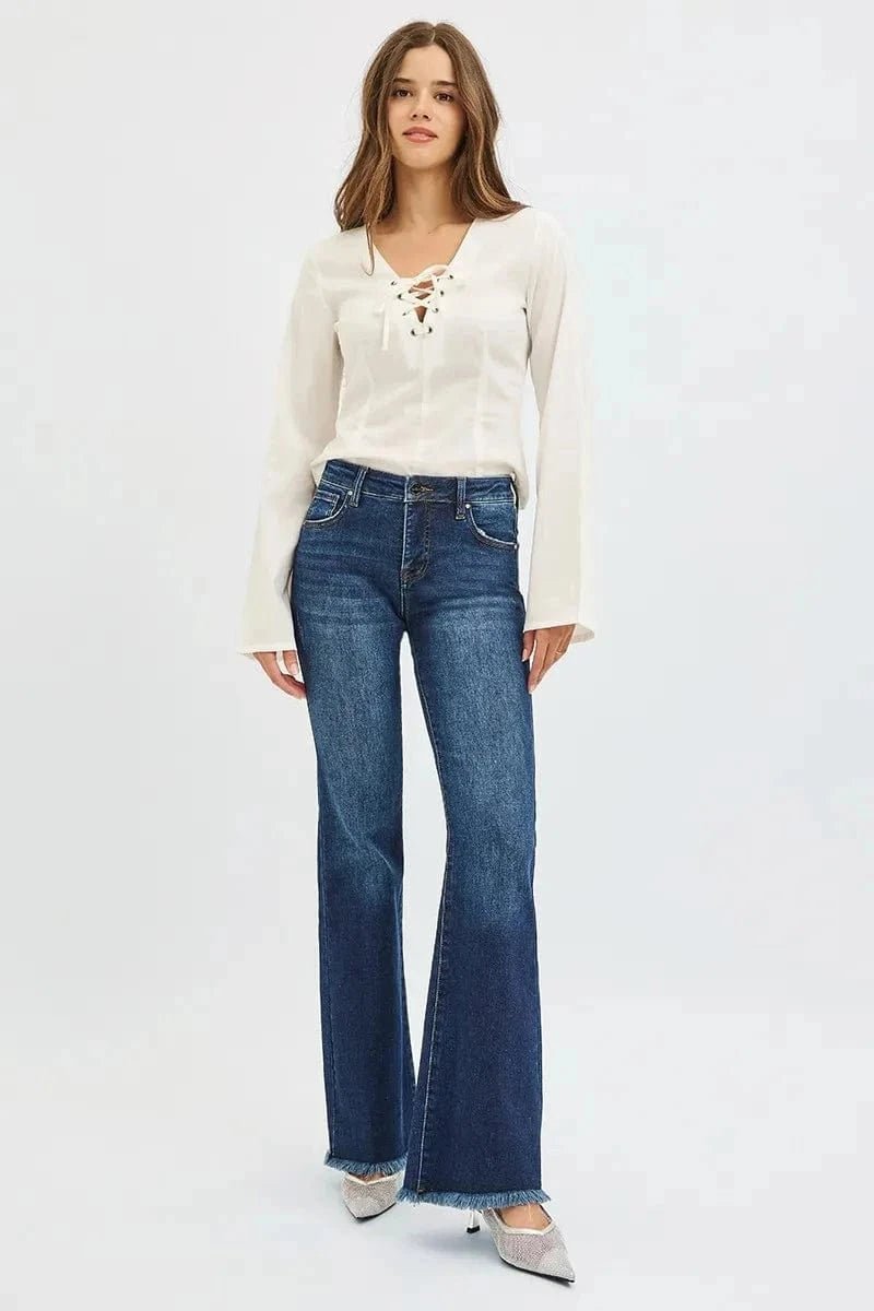 RISEN Full Size Tummy Control Mid Rise Flare Jeans Plus Size - DARK by Trendsi from FREYA’S CLOSET