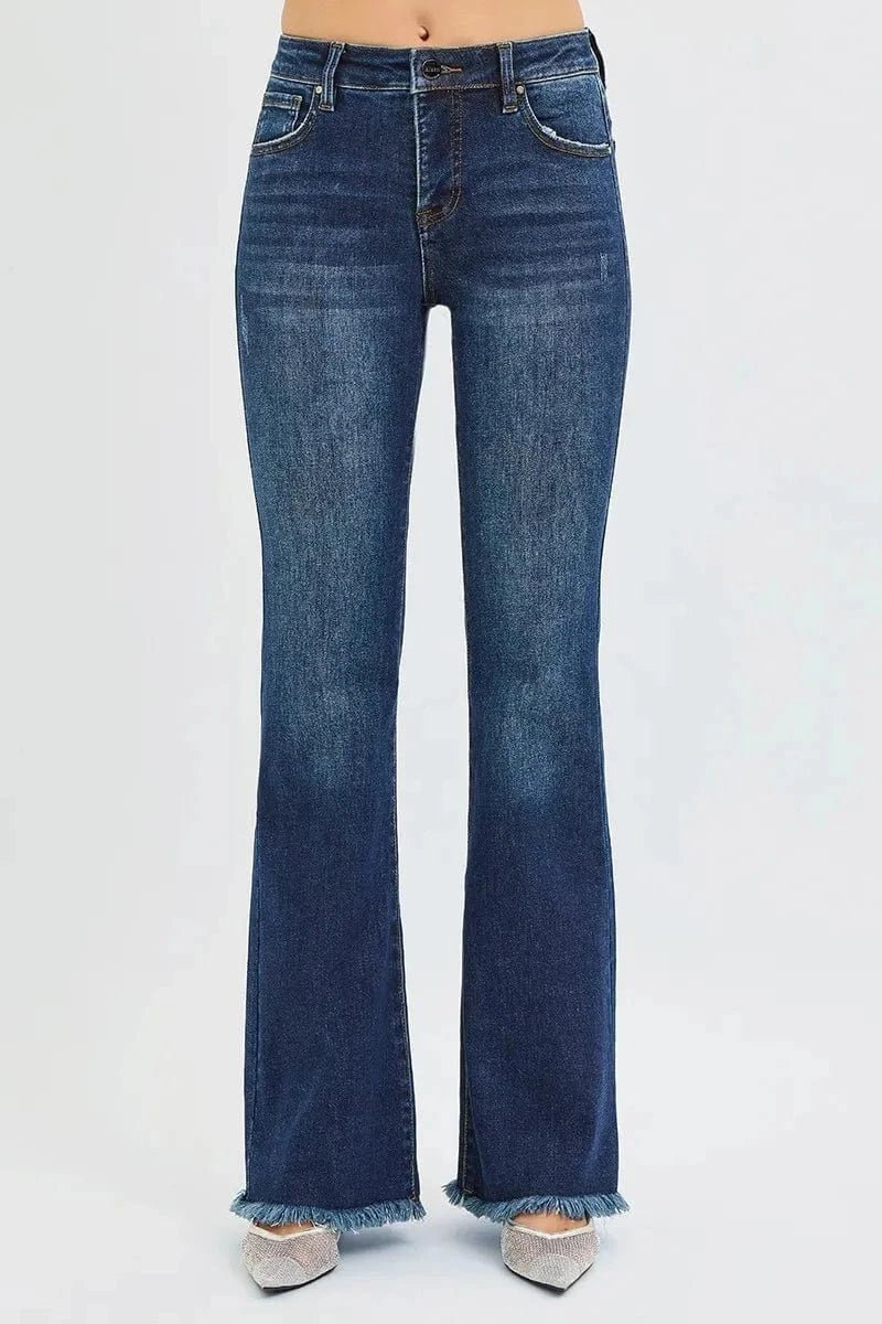 RISEN Full Size Tummy Control Mid Rise Flare Jeans Plus Size - DARK by Trendsi from FREYA’S CLOSET