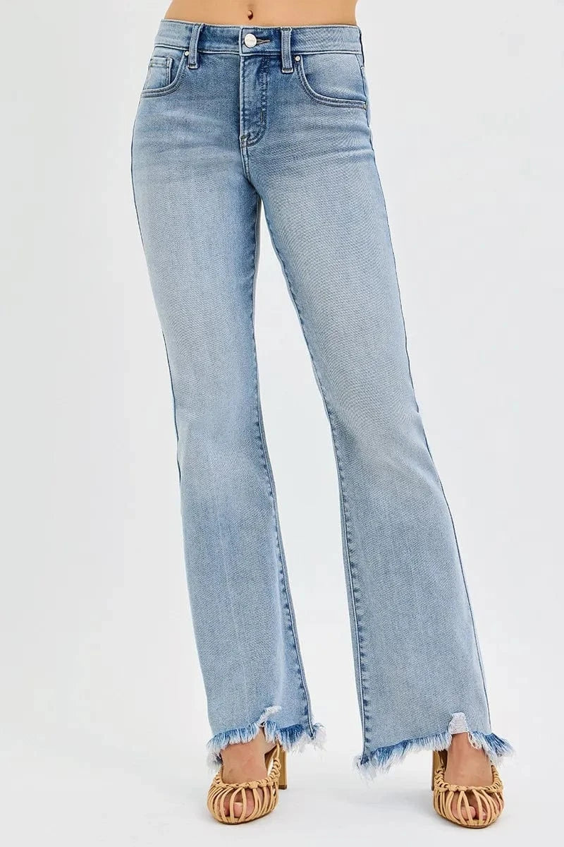 Trendsi Jeans RISEN Full Size Tummy Control Mid Rise Flare Jeans with Fray Hem Detailed Plus Size
