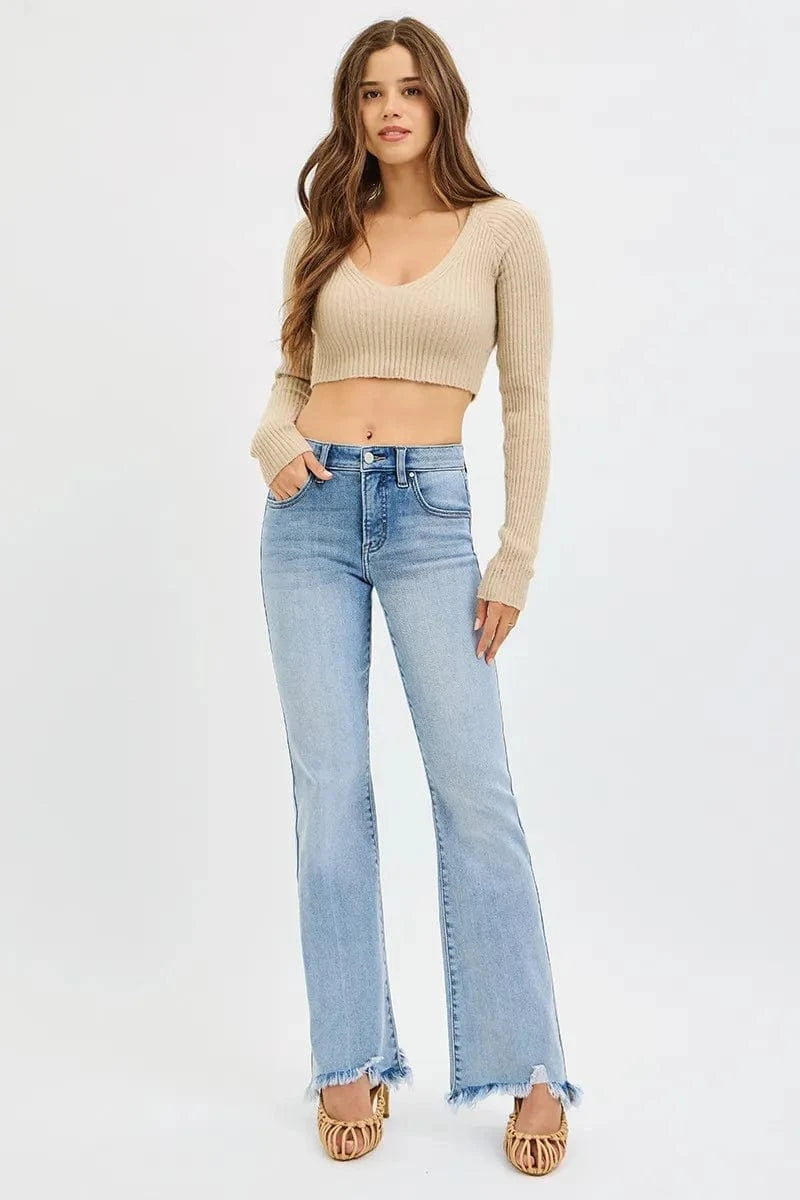 Trendsi Jeans RISEN Full Size Tummy Control Mid Rise Flare Jeans with Fray Hem Detailed Plus Size