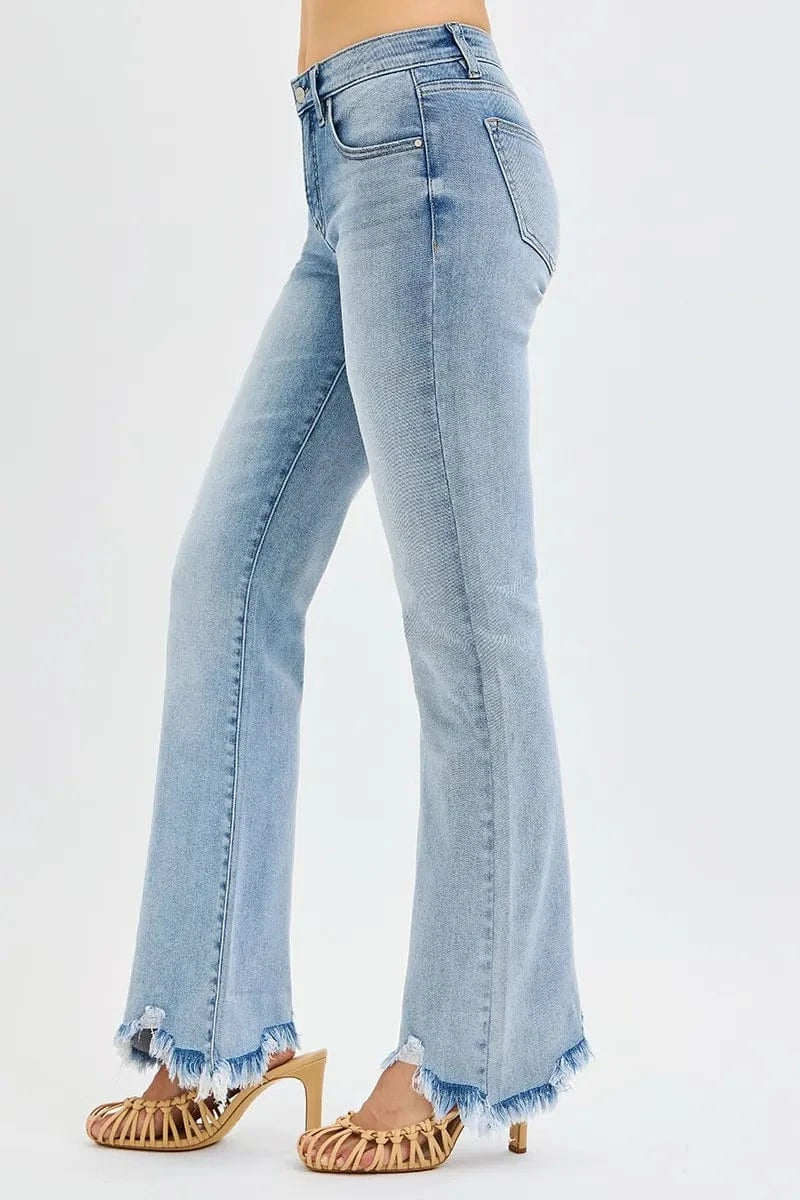 Trendsi Jeans RISEN Full Size Tummy Control Mid Rise Flare Jeans with Fray Hem Detailed Plus Size