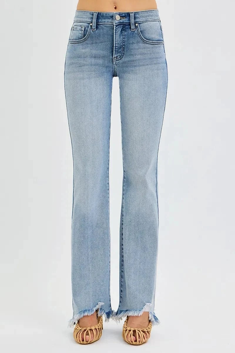 Trendsi Jeans RISEN Full Size Tummy Control Mid Rise Flare Jeans with Fray Hem Detailed Plus Size