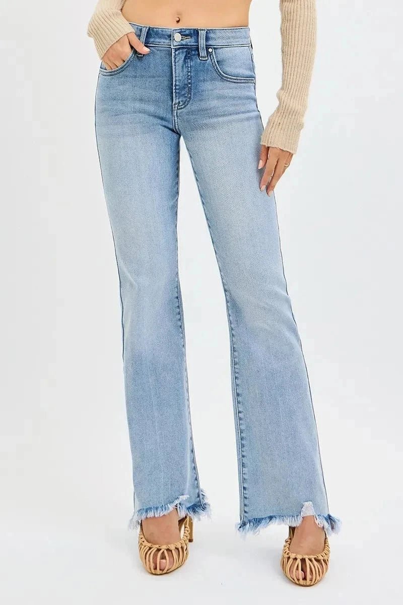 RISEN Full Size Tummy Control Mid Rise Flare Jeans with Fray Hem Detailed Plus Size - MEDIUM by Trendsi from FREYA’S CLOSET