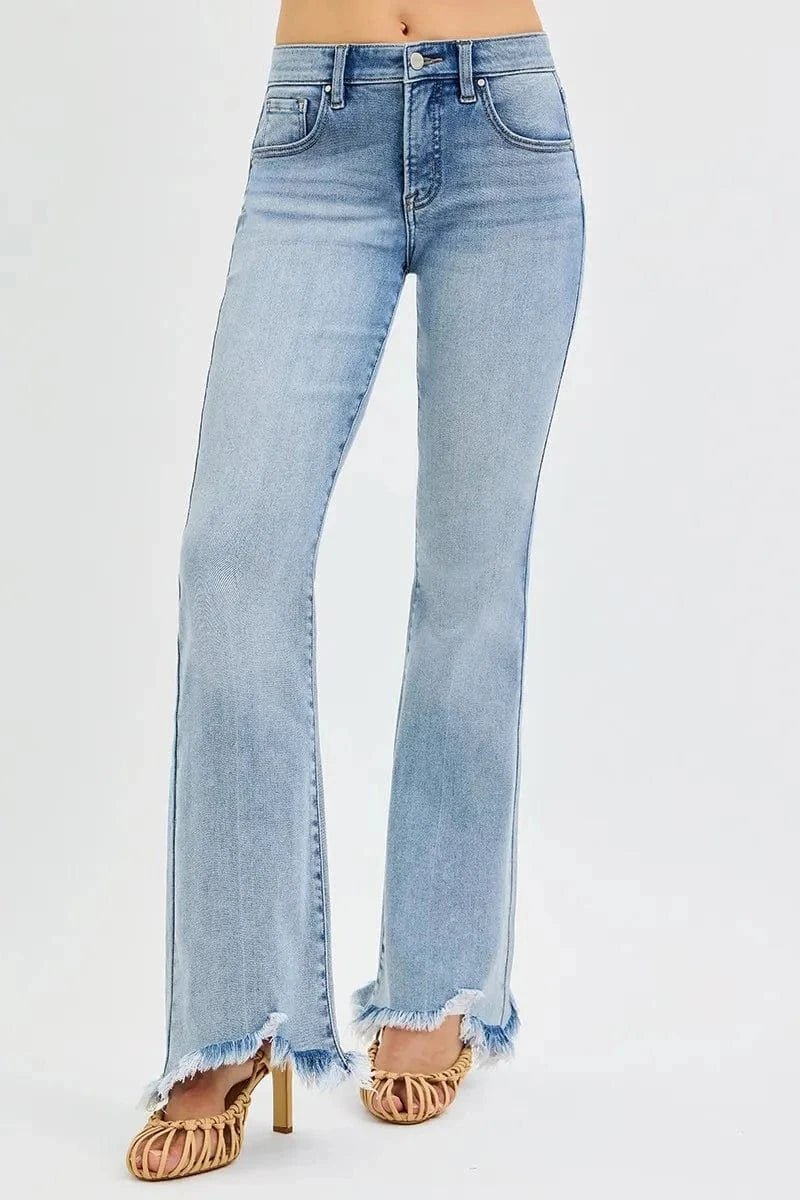 RISEN Full Size Tummy Control Mid Rise Flare Jeans with Fray Hem Detailed Plus Size - MEDIUM by Trendsi from FREYA’S CLOSET
