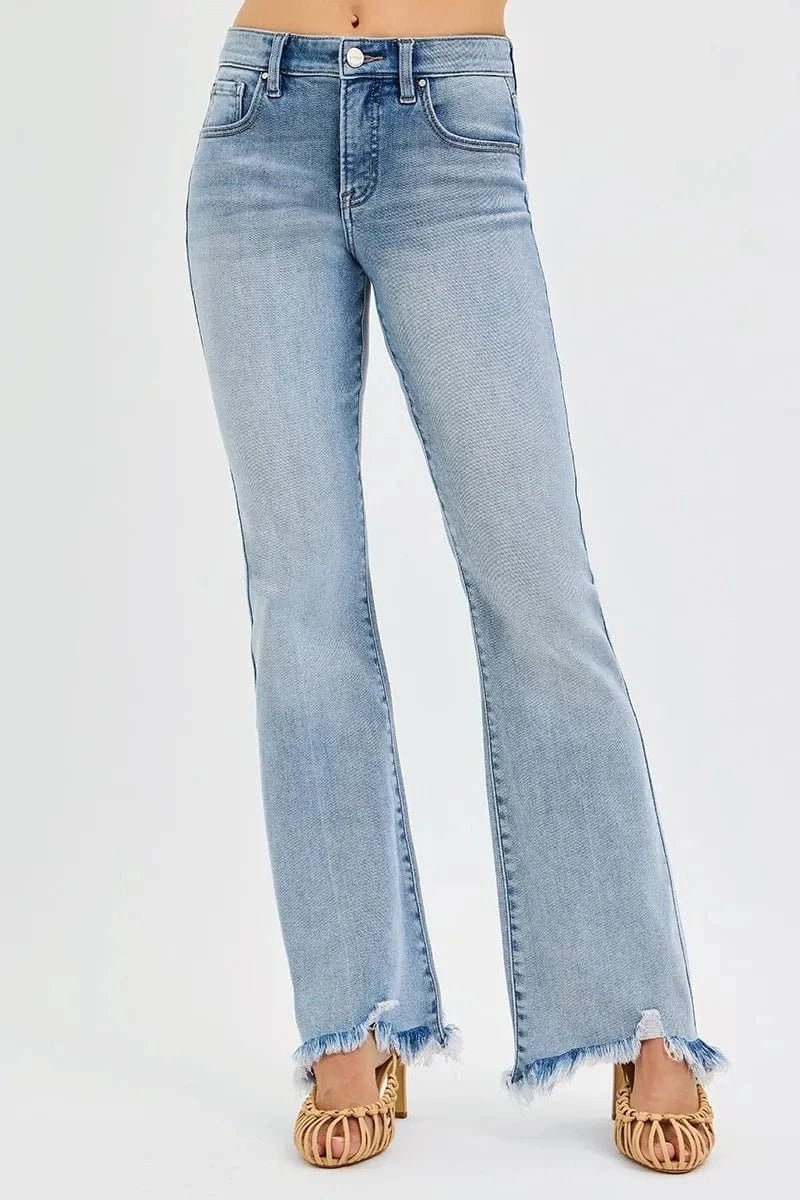 RISEN Full Size Tummy Control Mid Rise Flare Jeans with Fray Hem Detailed Plus Size - MEDIUM by Trendsi from FREYA’S CLOSET