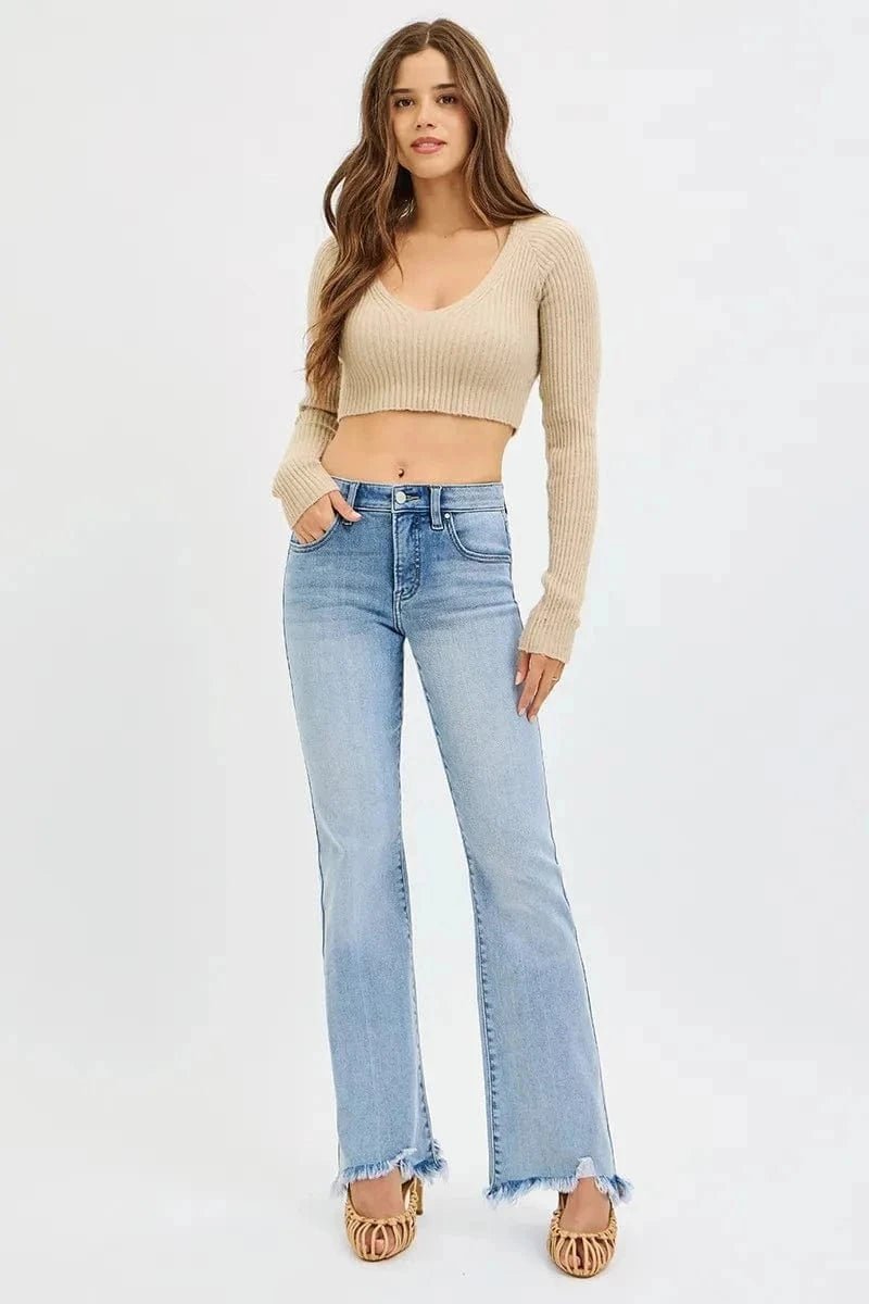 RISEN Full Size Tummy Control Mid Rise Flare Jeans with Fray Hem Detailed Plus Size - MEDIUM by Trendsi from FREYA’S CLOSET