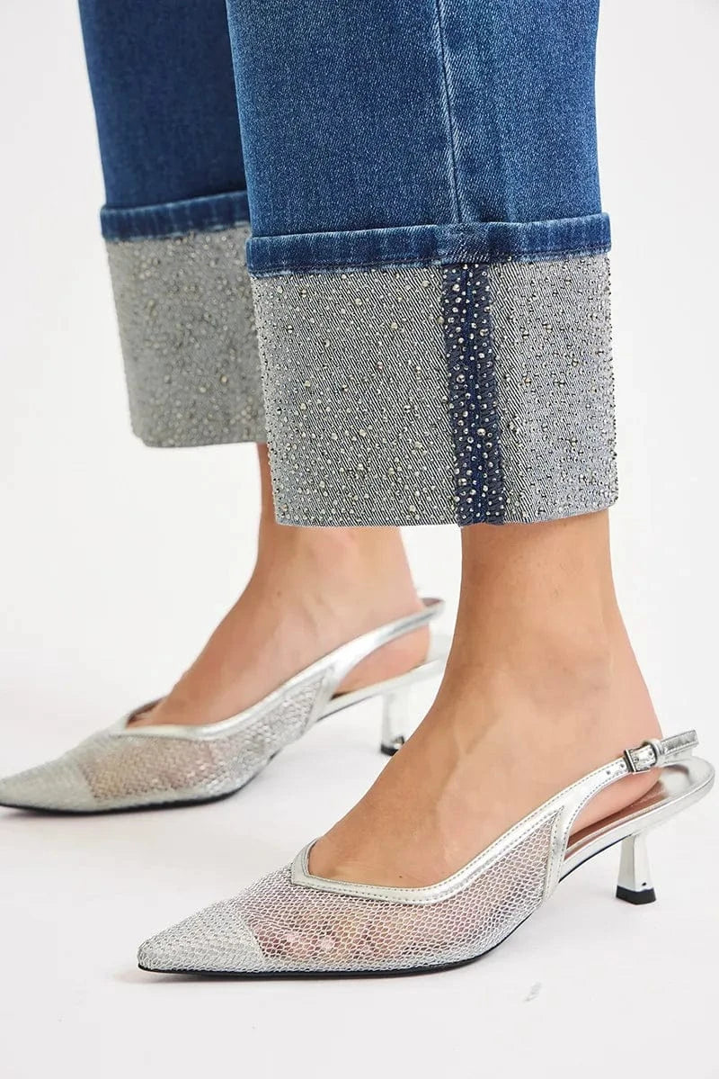 Trendsi Jeans RISEN High Rise Ankle Wide Rhine Stone Cuffed Jeans