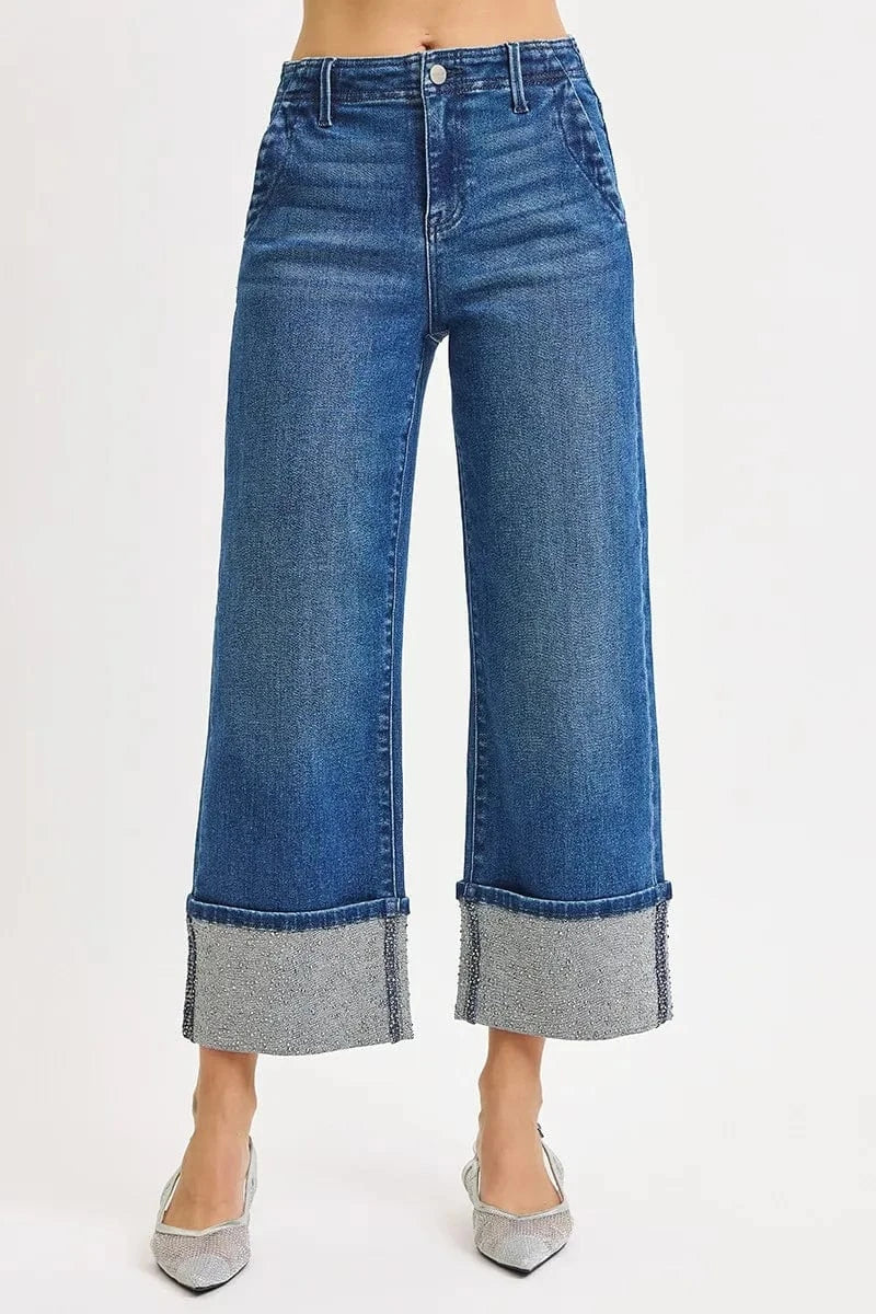 Trendsi Jeans RISEN High Rise Ankle Wide Rhine Stone Cuffed Jeans