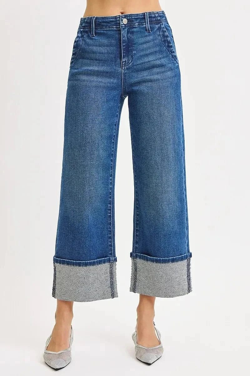 RISEN High Rise Ankle Wide Rhine Stone Cuffed Jeans - DARK by Trendsi from FREYA’S CLOSET