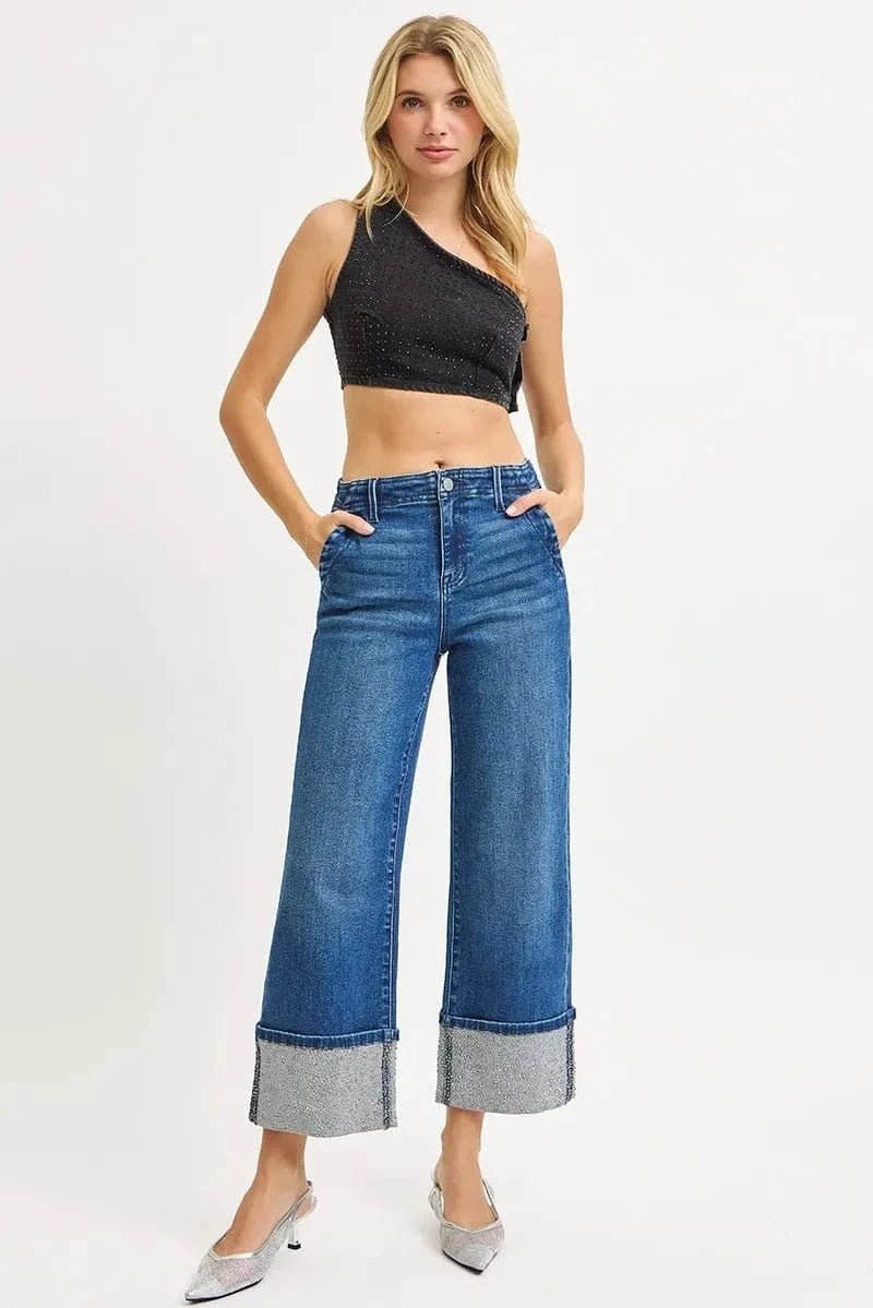 RISEN High Rise Ankle Wide Rhine Stone Cuffed Jeans - DARK by Trendsi from FREYA’S CLOSET