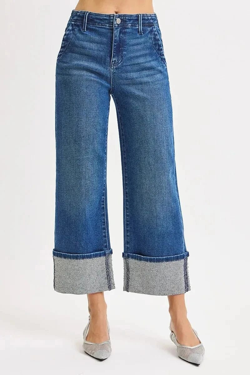 RISEN High Rise Ankle Wide Rhine Stone Cuffed Jeans - DARK by Trendsi from FREYA’S CLOSET