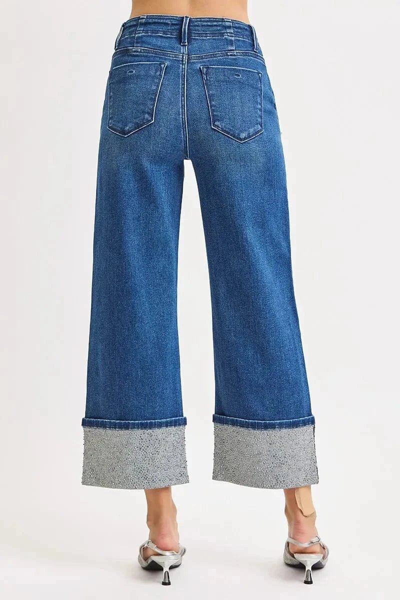RISEN High Rise Ankle Wide Rhine Stone Cuffed Jeans - DARK by Trendsi from FREYA’S CLOSET