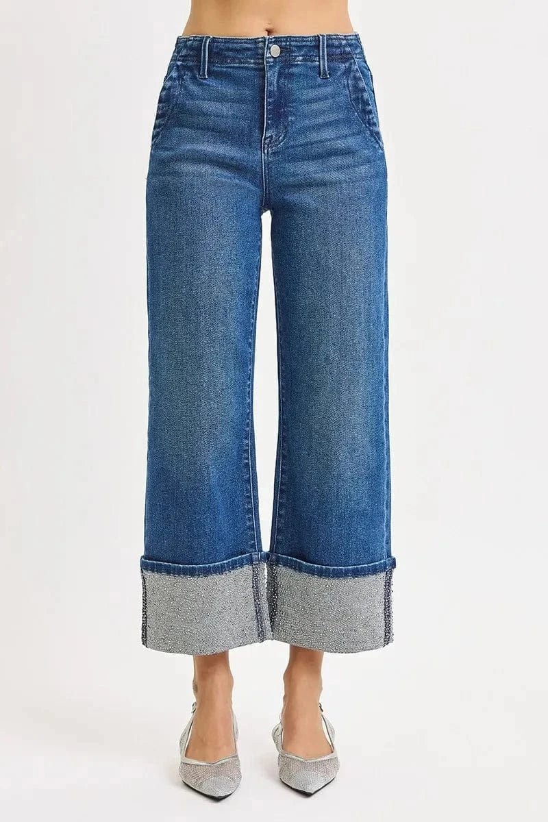 RISEN High Rise Ankle Wide Rhine Stone Cuffed Jeans - DARK by Trendsi from FREYA’S CLOSET