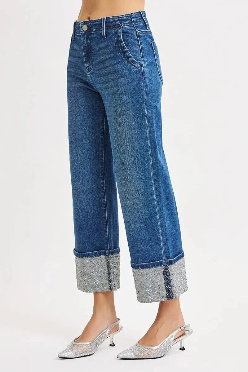 RISEN High Rise Ankle Wide Rhine Stone Cuffed Jeans - DARK by Trendsi from FREYA’S CLOSET