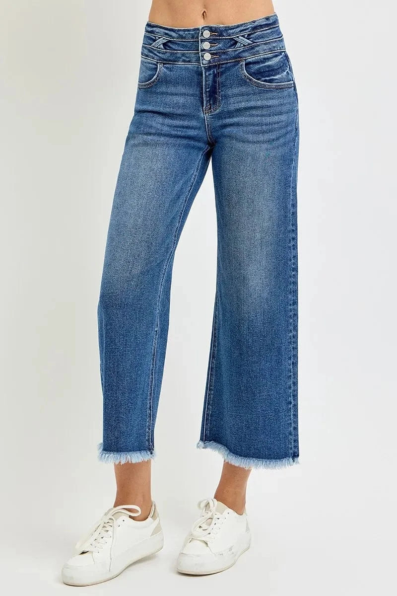 Trendsi RISEN High Rise Crop Wide Leg Jeans with Wide Band Detail