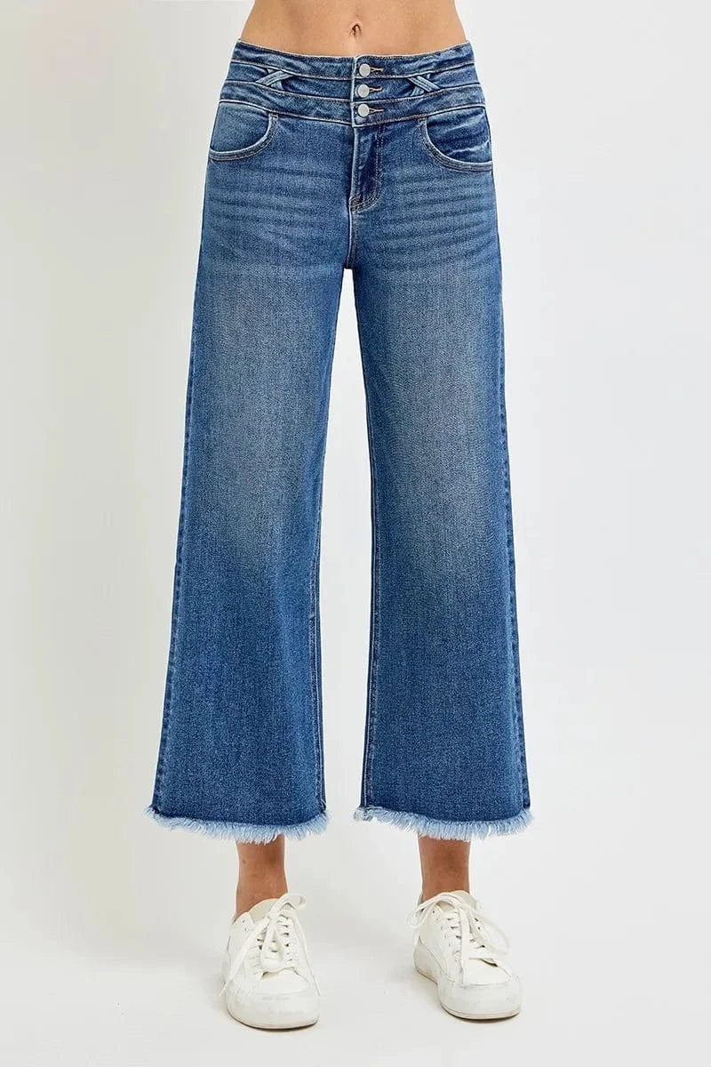 Trendsi DARK / 0 RISEN High Rise Crop Wide Leg Jeans with Wide Band Detail