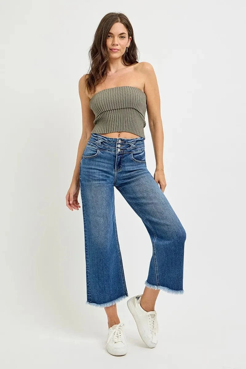 Trendsi RISEN High Rise Crop Wide Leg Jeans with Wide Band Detail