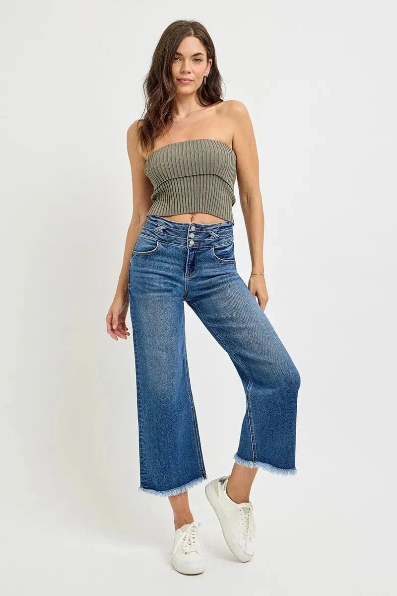 RISEN High Rise Crop Wide Leg Jeans with Wide Band Detail - DARK by Trendsi from FREYA’S CLOSET