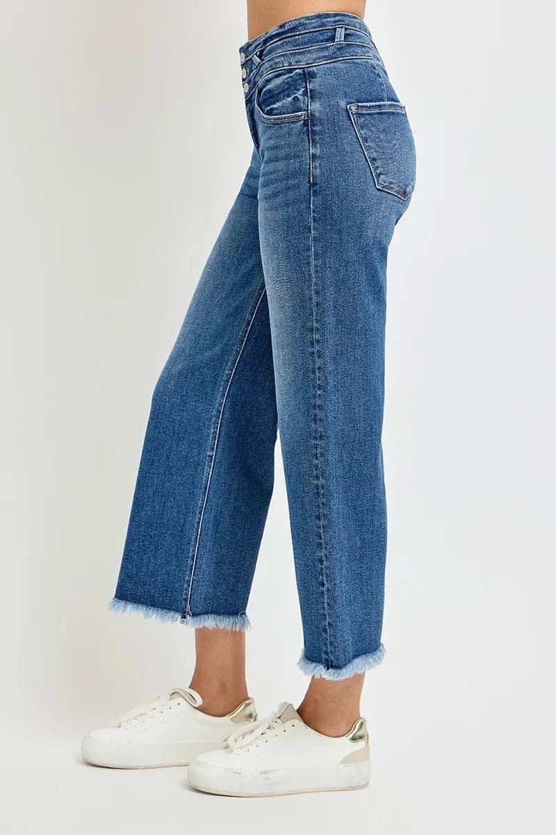 RISEN High Rise Crop Wide Leg Jeans with Wide Band Detail - DARK by Trendsi from FREYA’S CLOSET
